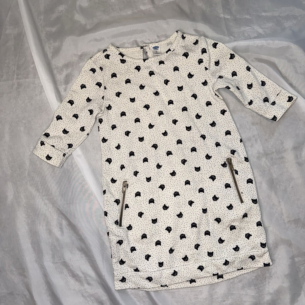 Old Navy‎ Black White Kitty Cats Sweatshirt Dress W/Zippers Girls 5T